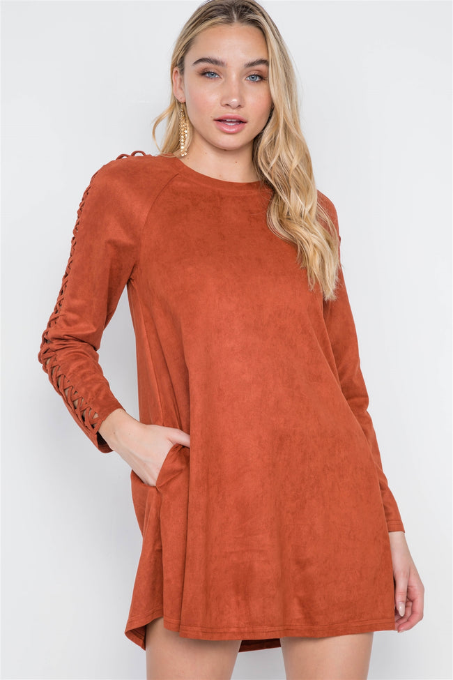 Brick Faux Suede Strap Sleeves Mini Shirt Dress