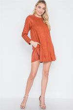 Brick Faux Suede Strap Sleeves Mini Shirt Dress