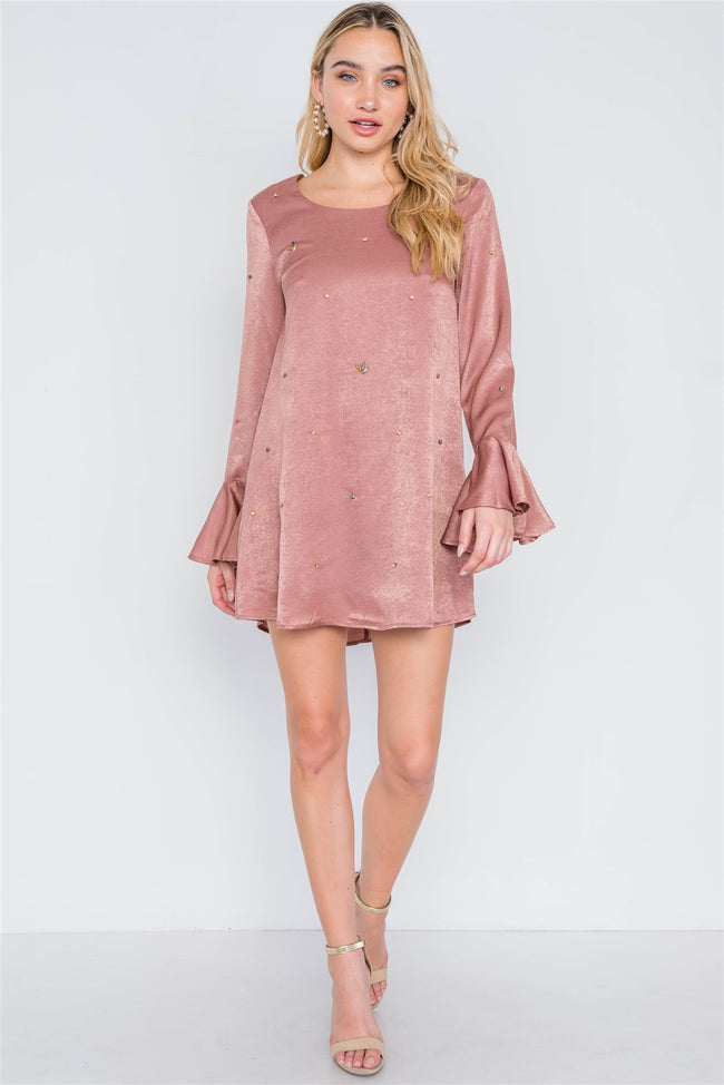 Mauve Long Bell Sleeves Rhinestone Mini Dress