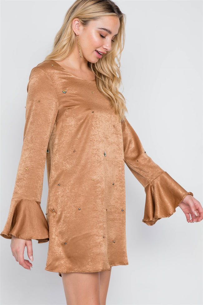 Mocha Bell Sleeves Rhinestone Mini Dress