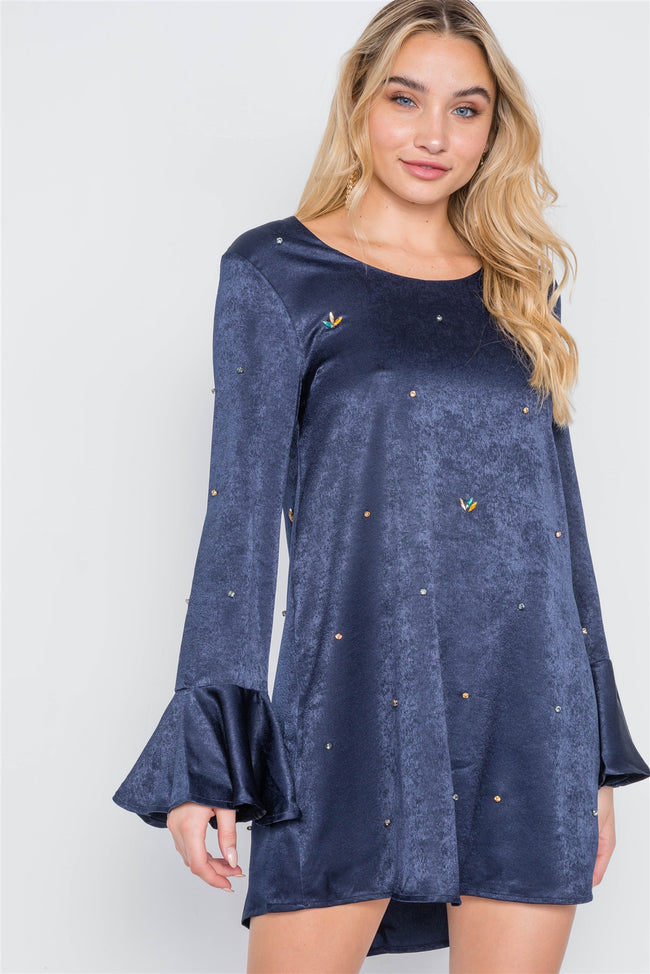 Navy Bell Sleeves Rhinestone Mini Dress