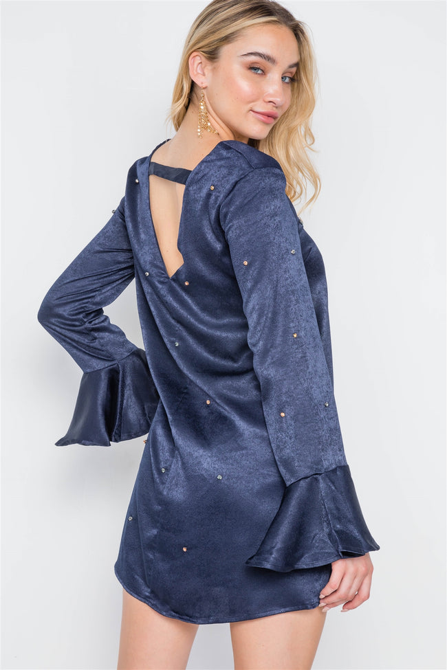 Navy Bell Sleeves Rhinestone Mini Dress