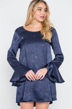 Navy Bell Sleeves Rhinestone Mini Dress