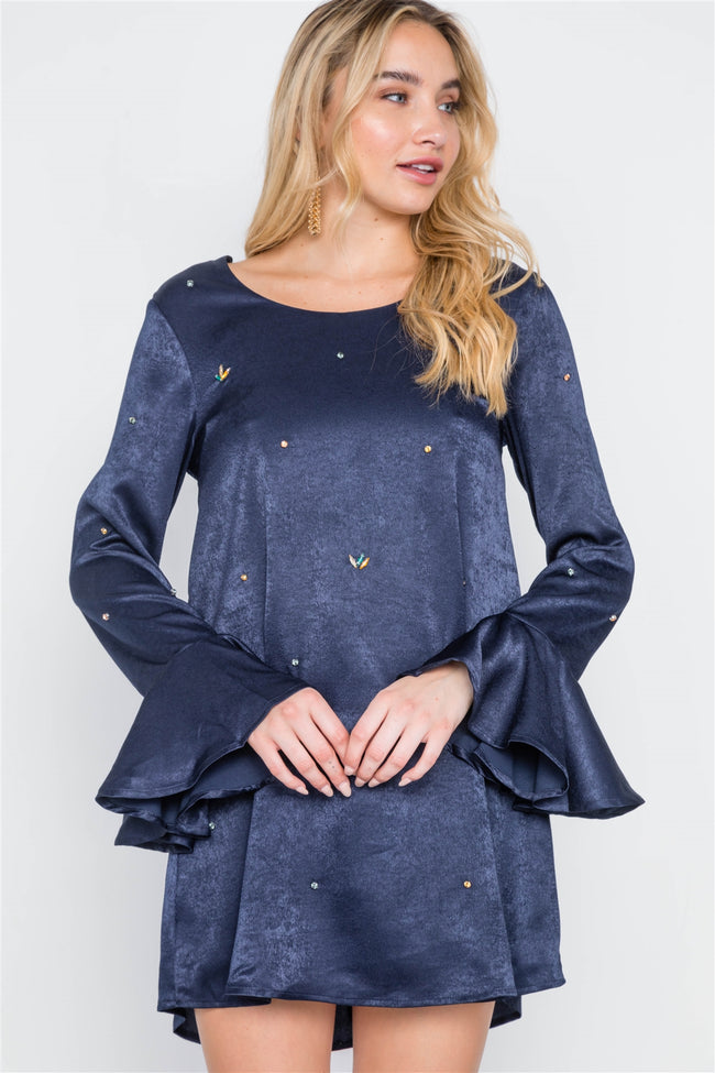 Navy Bell Sleeves Rhinestone Mini Dress