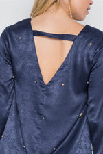 Navy Bell Sleeves Rhinestone Mini Dress