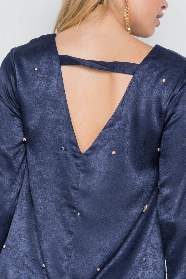 Navy Bell Sleeves Rhinestone Mini Dress
