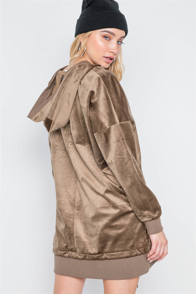 Olive Velvet Long Sleeve Hooded Mini Shirt Dress