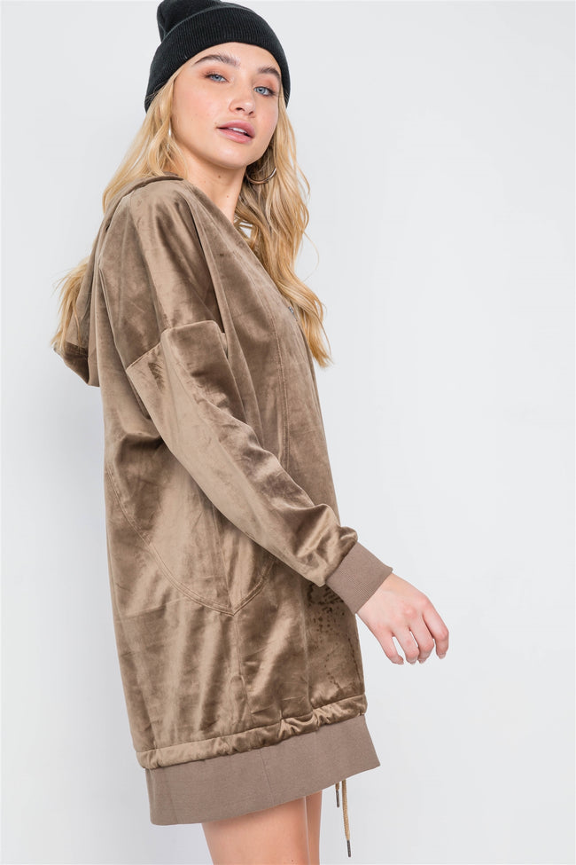 Olive Velvet Long Sleeve Hooded Mini Shirt Dress