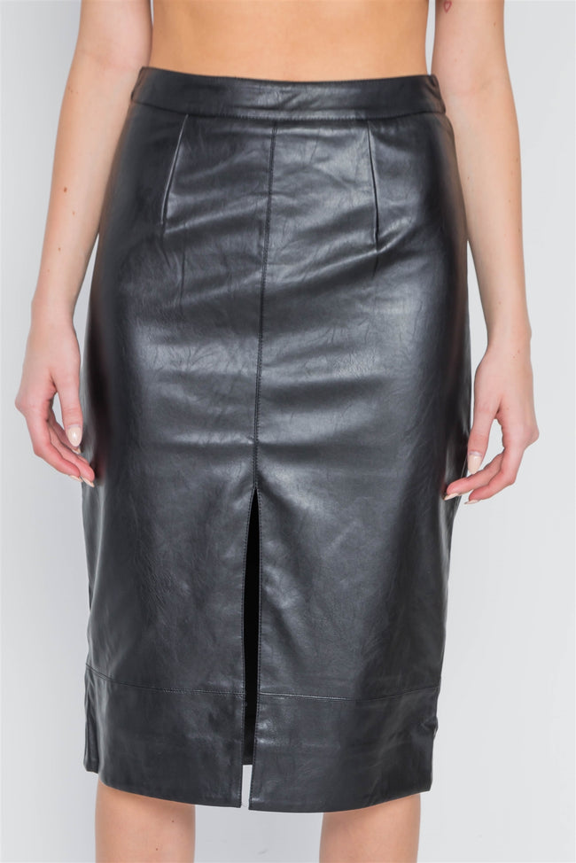 Black High-Waist Vegan Leather Front Slit Skirt