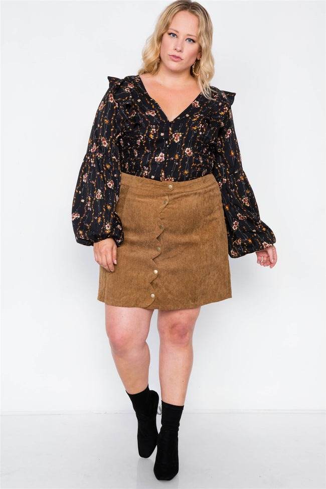 Plus Size Camel Corduroy Scallop Front Mini Skirt