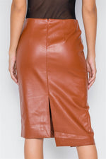 Camel  Vegan Leather High-Waist Asymmetrical Hem Skirt