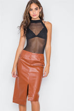 Camel  Vegan Leather High-Waist Asymmetrical Hem Skirt
