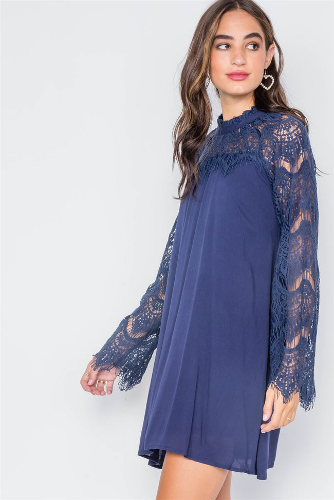 Navy Mock-Neck Contrast Sleeves Dress