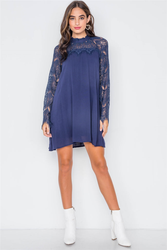 Navy Mock-Neck Contrast Sleeves Dress