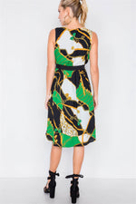 Green Gold Chain Print V-Neck Office Chic Midi Dress