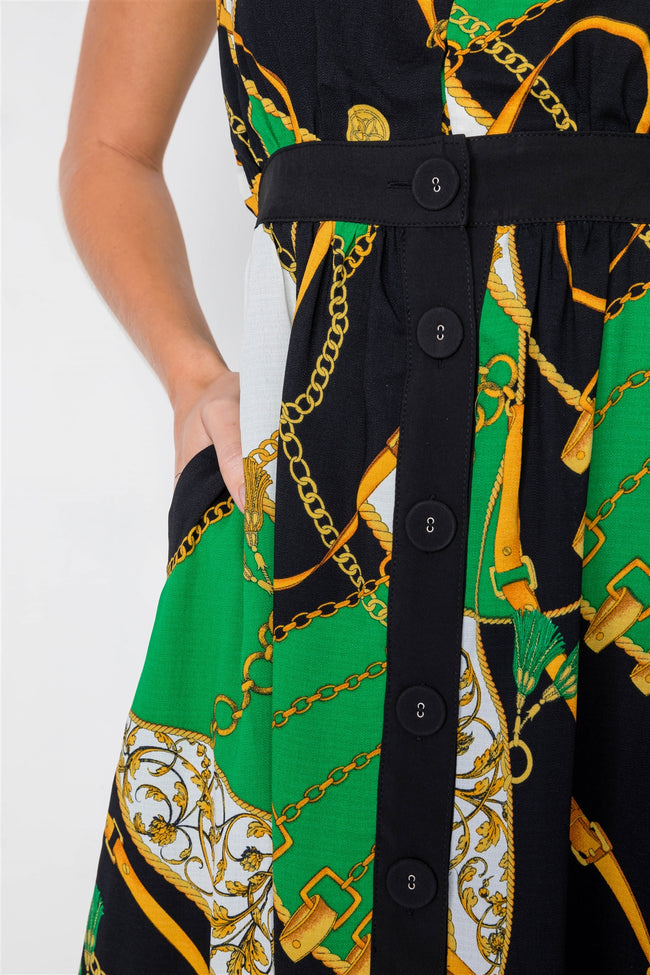 Green Gold Chain Print V-Neck Office Chic Midi Dress