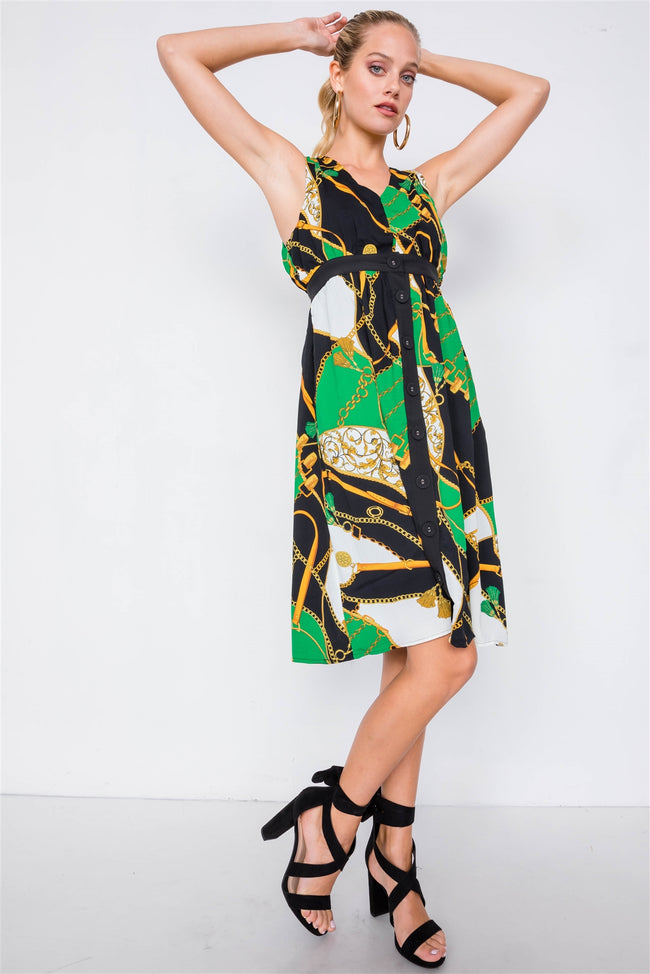 Green Gold Chain Print V-Neck Office Chic Midi Dress