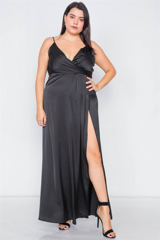 Plus Size Silk Black Pleated Slit Classic Maxi Dress