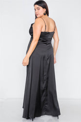 Plus Size Silk Black Pleated Slit Classic Maxi Dress