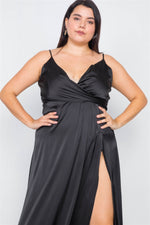 Plus Size Silk Black Pleated Slit Classic Maxi Dress