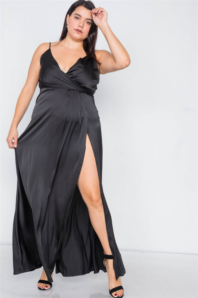 Plus Size Silk Black Pleated Slit Classic Maxi Dress