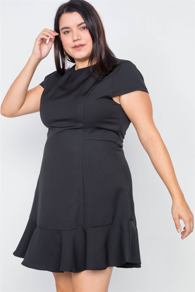 Plus Size Black Casual Flounce Trim Cap Sleeve Mini Dress