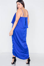 Plus Size Blue Satin Flounce Bandage Midi Dress