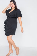 Plus Size Black Short Kimono Sleeve Satin V-Neck  Mini Dress