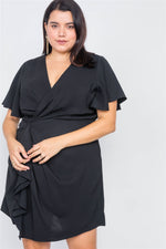 Plus Size Black Short Kimono Sleeve Satin V-Neck  Mini Dress