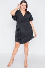 Plus Size Black Short Kimono Sleeve Satin V-Neck  Mini Dress