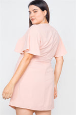 Plus Size Blush Short Kimono Sleeve Satin V-Neck  Mini Dress