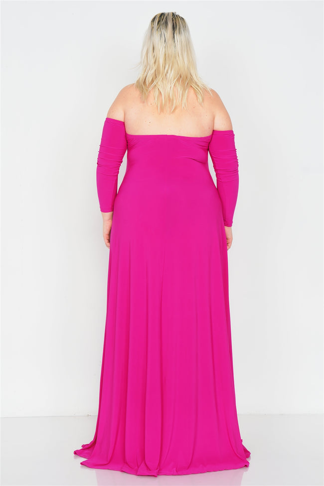 Plus Size Magenta Off-The-Shoulder Elegant Maxi Dress