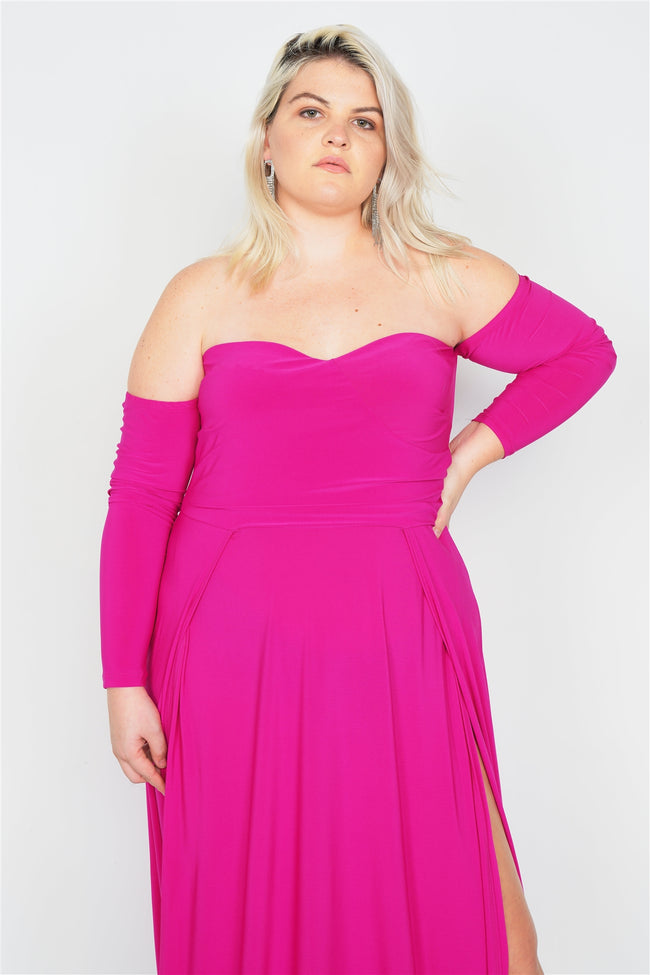Plus Size Magenta Off-The-Shoulder Elegant Maxi Dress