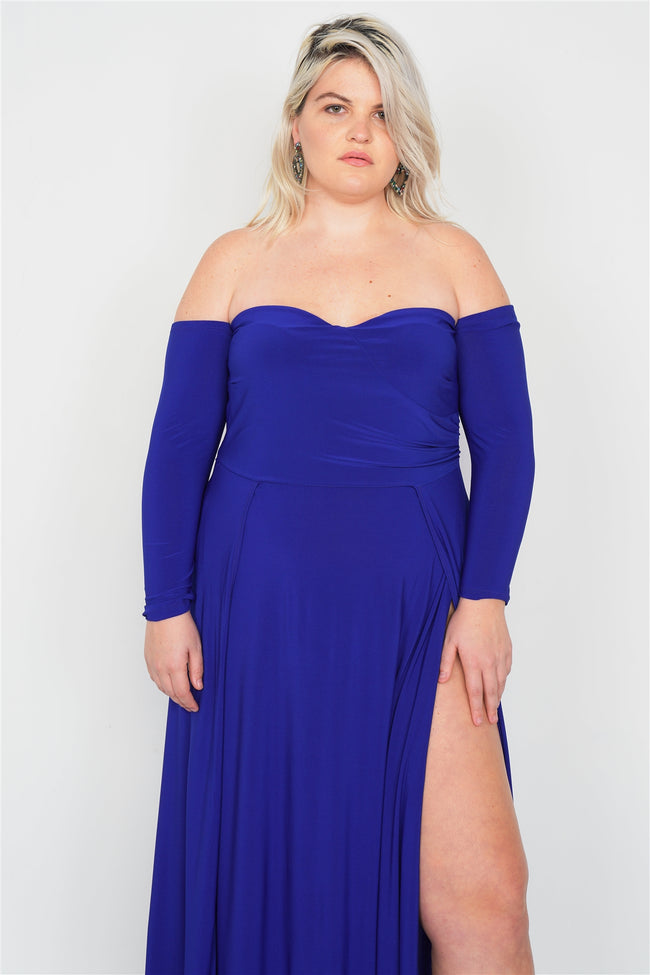 Plus Size Royal Blue Off-The-Shoulder Elegant Maxi Dress