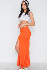 Orange Solid Zip-Front Side-Slit Maxi Skirt