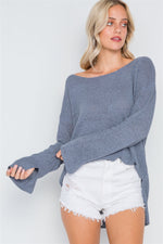Blue Grey Scoop Neck Long Sleeves Sweater