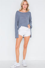 Blue Grey Scoop Neck Long Sleeves Sweater