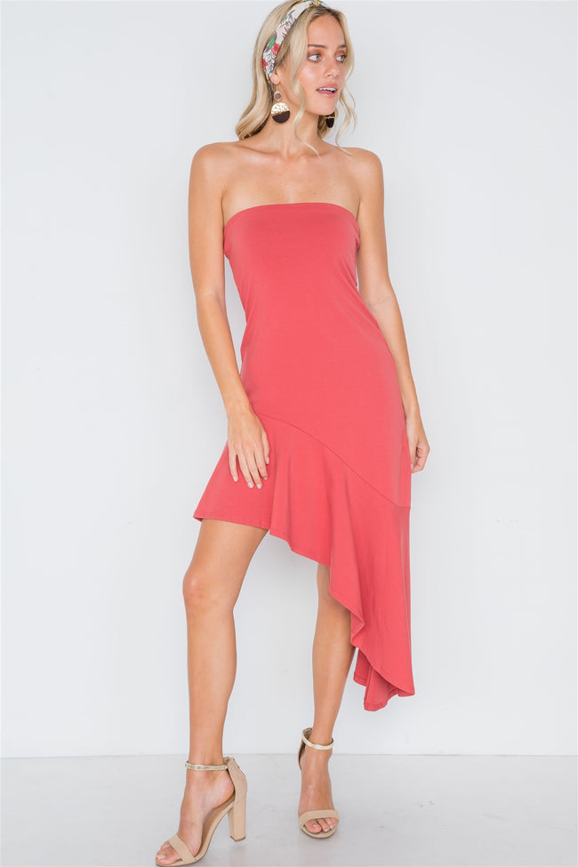 Berry Strapless Flounce Hem Solid Dress