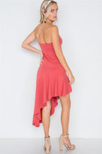 Berry Strapless Flounce Hem Solid Dress