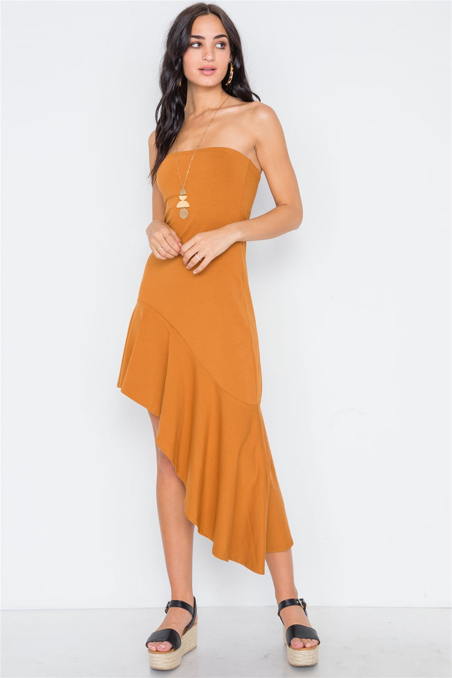 Clay Strapless Flounce Hem Solid Dress