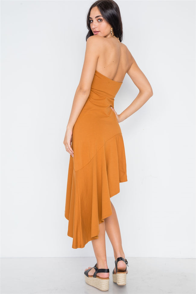 Clay Strapless Flounce Hem Solid Dress