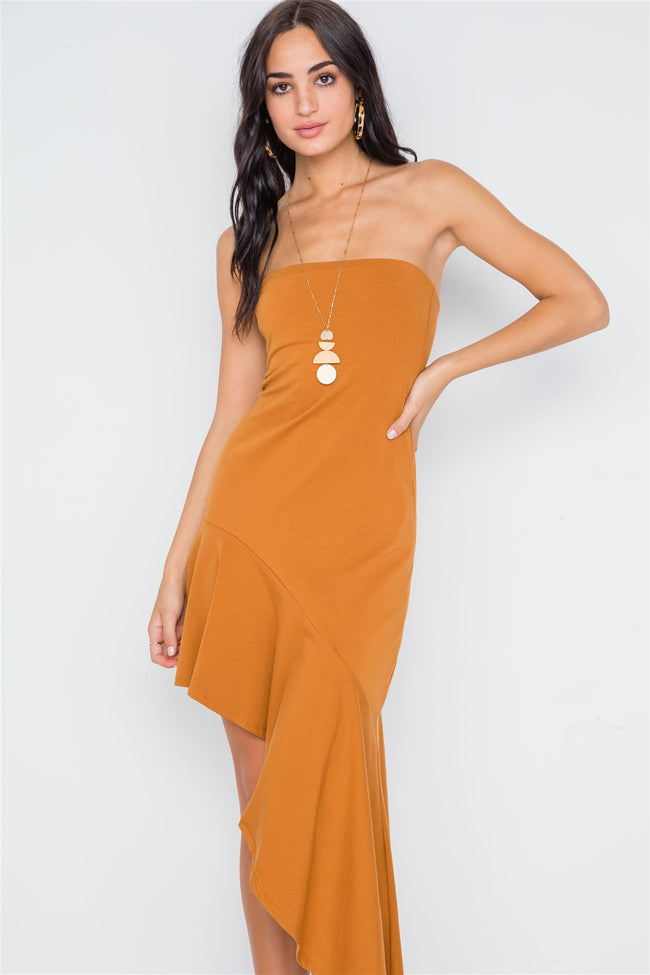 Clay Strapless Flounce Hem Solid Dress