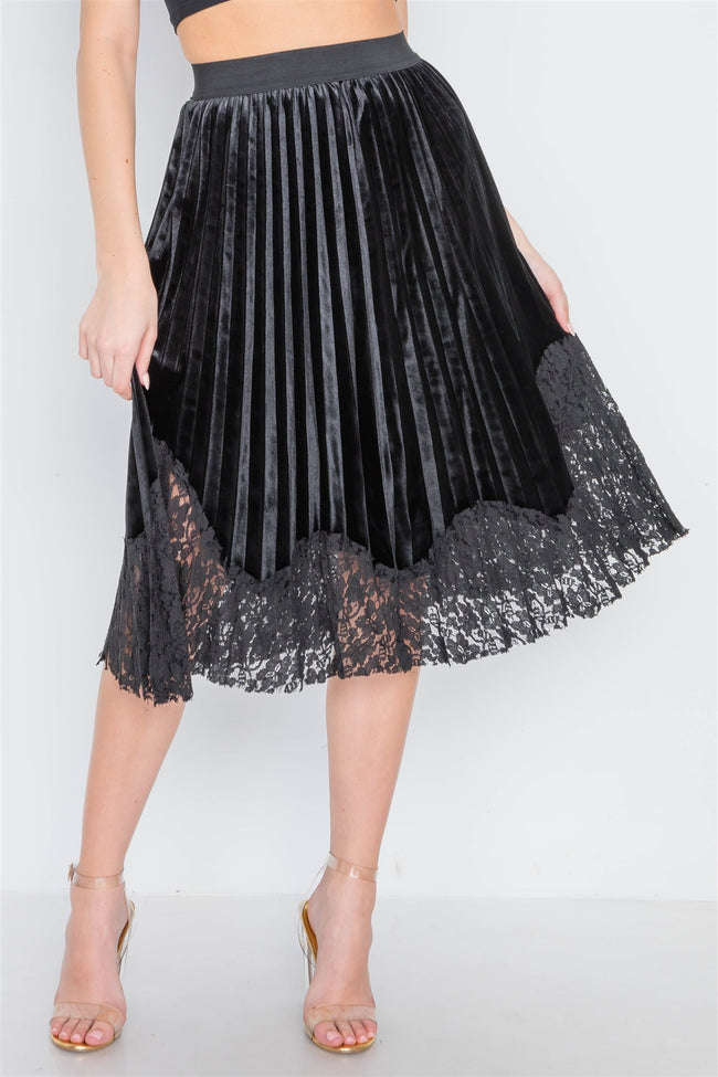 Black Velvet High-Waist Pleated Combo Lace Skirt