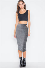 Black Silver Side Cut-Outs High-Waist Midi Skirt