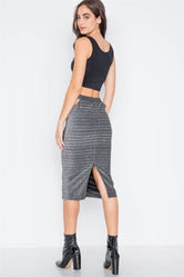 Black Silver Side Cut-Outs High-Waist Midi Skirt