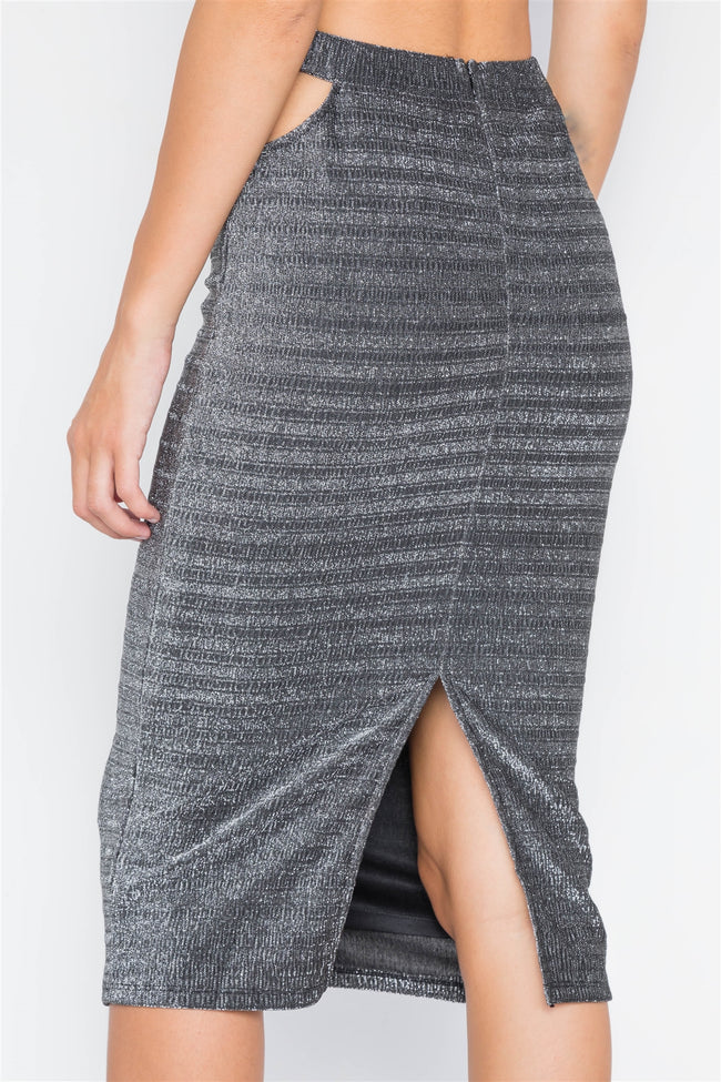 Black Silver Side Cut-Outs High-Waist Midi Skirt