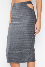 Black Silver Side Cut-Outs High-Waist Midi Skirt