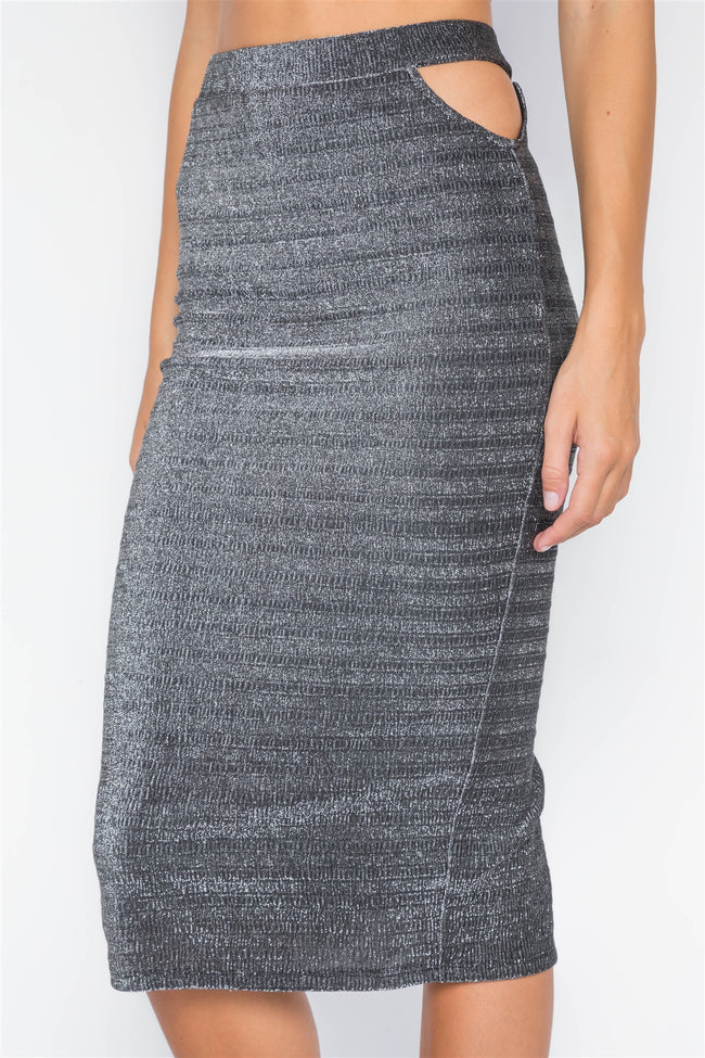 Black Silver Side Cut-Outs High-Waist Midi Skirt