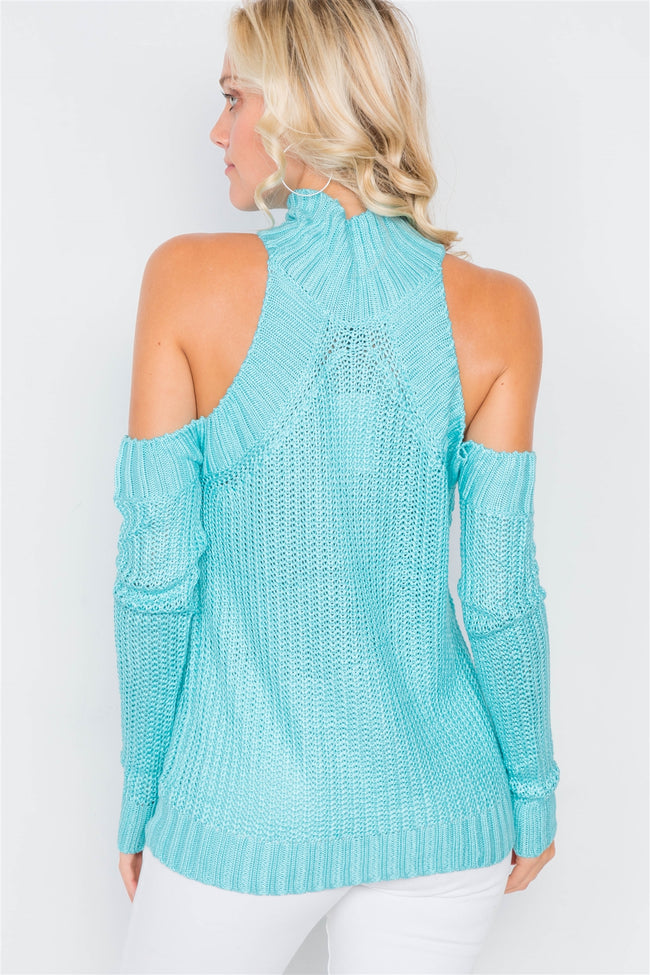 Aqua Cold Shoulder Knit Turtleneck Sweater