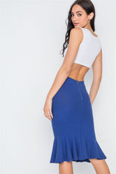 Blue Ribbed Knit Midi Skirt